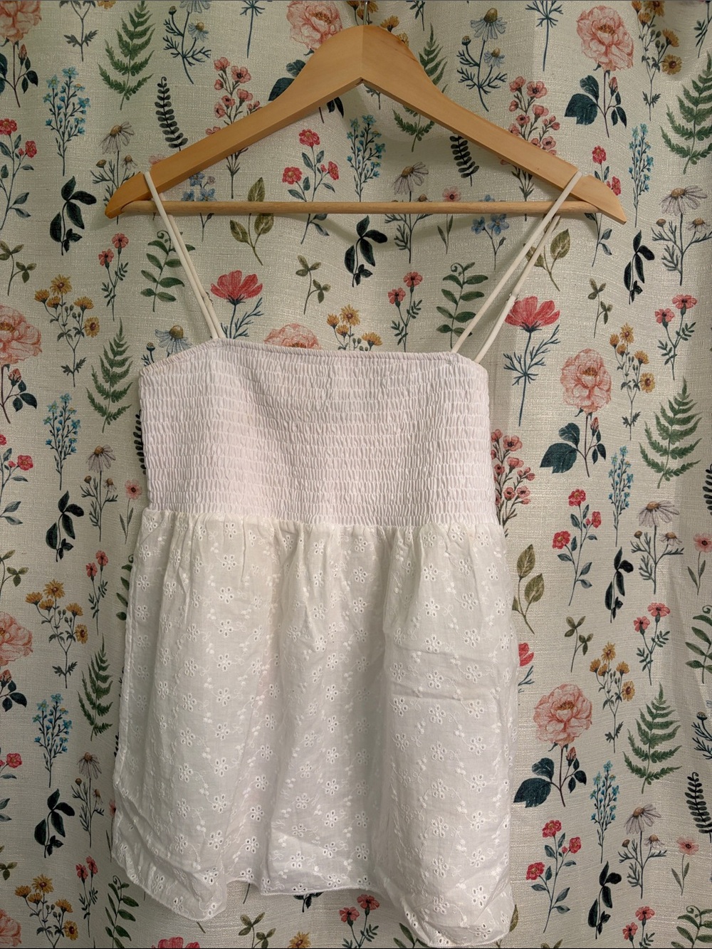 Roxy White Eyelet Smocked Spaghetti-Strap Top